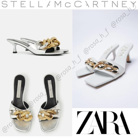 ZARA Heeled Sandals With Chain Detail Gold Pink - Picture 2 of 6